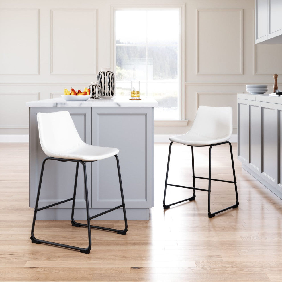 Counter Chair, Set of 2, Faux Vinyl Leather, Distressed White, Black