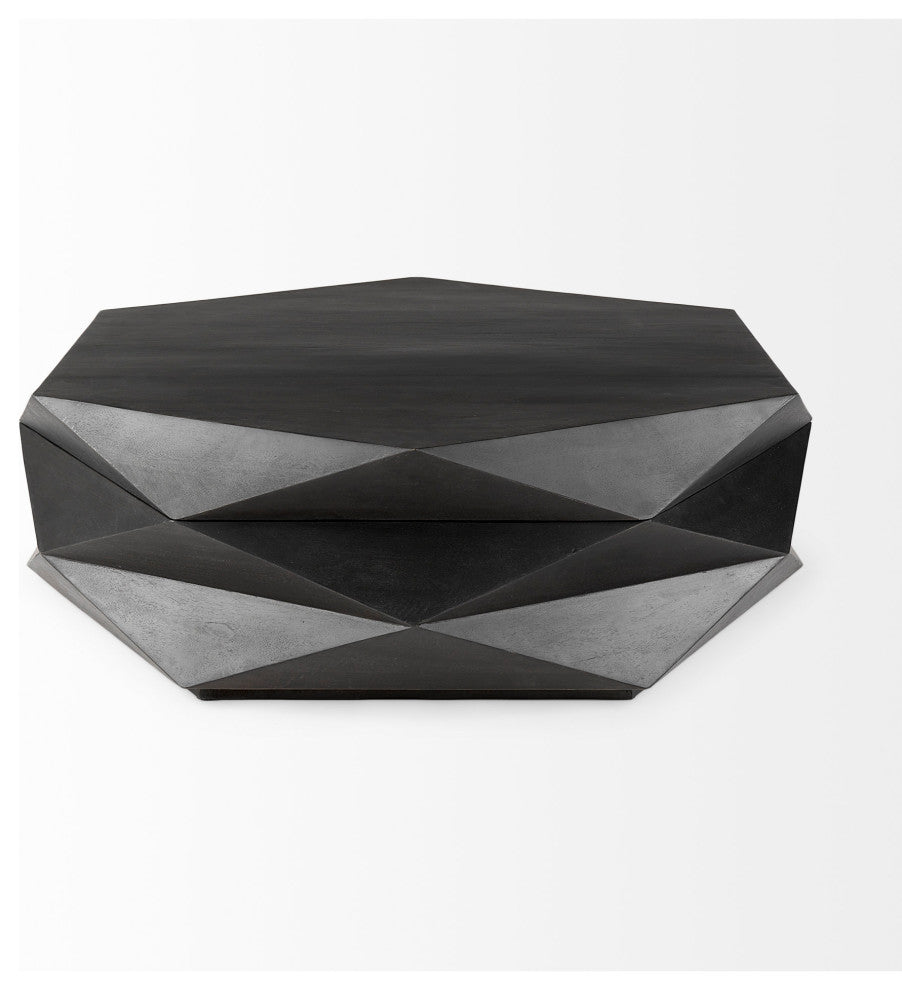 Arreto 48Lx48Wx15H Solid Wood Hexagonal Storage Coffee Table, Black