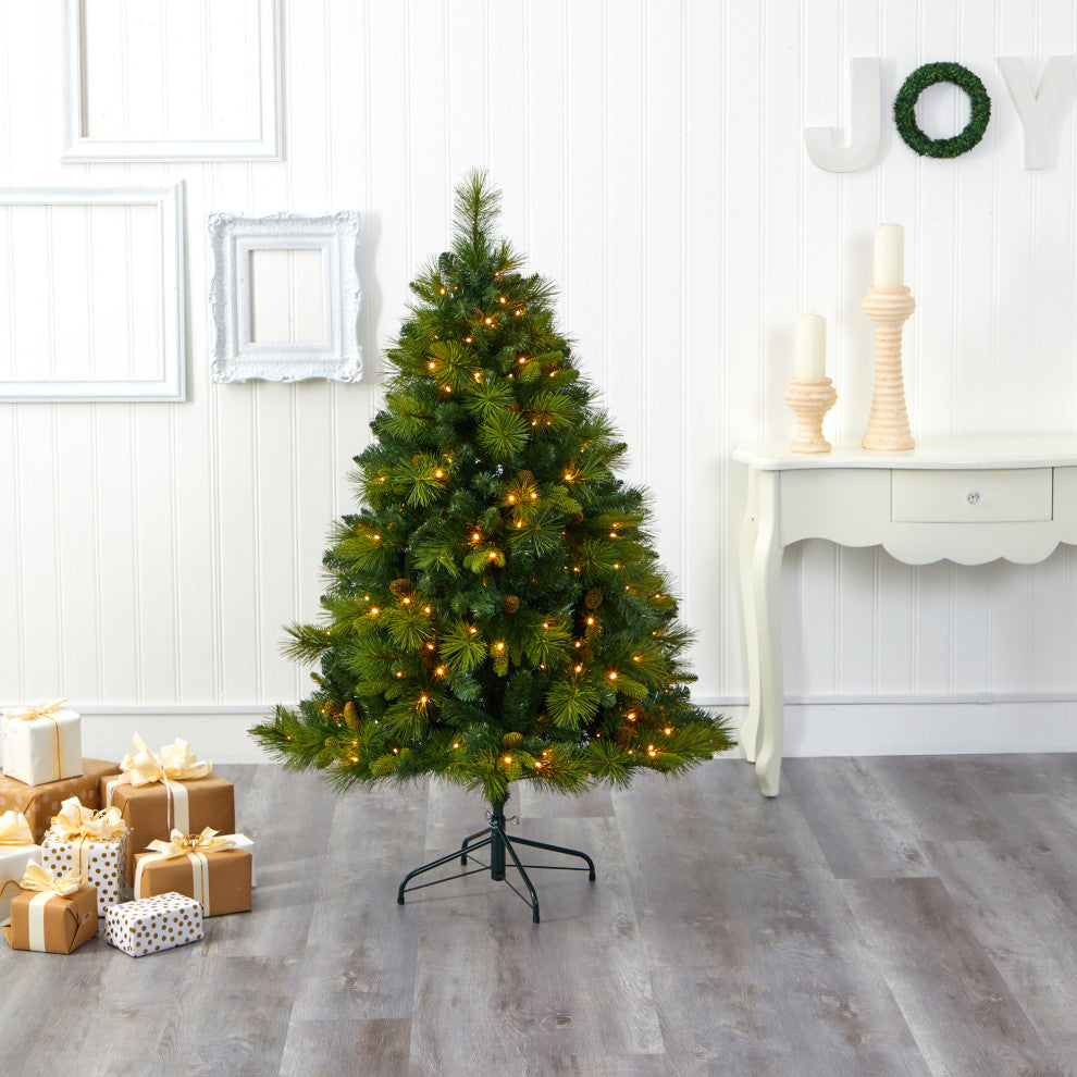 5' North Carolina Pine Faux Xmas Tree W/Lights, Bendable Branches & Pinecones