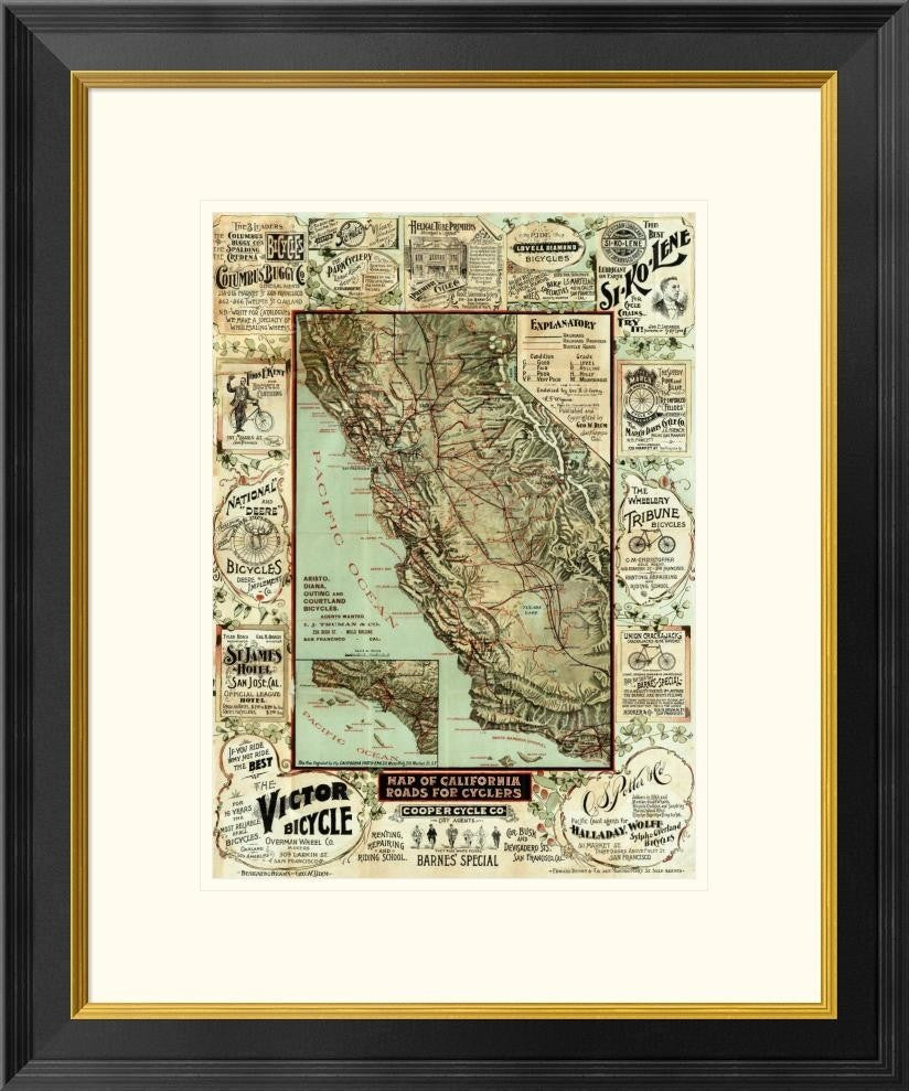"Map of California Roads for Cyclers, 1896"  by George W. Blum, 22x26"