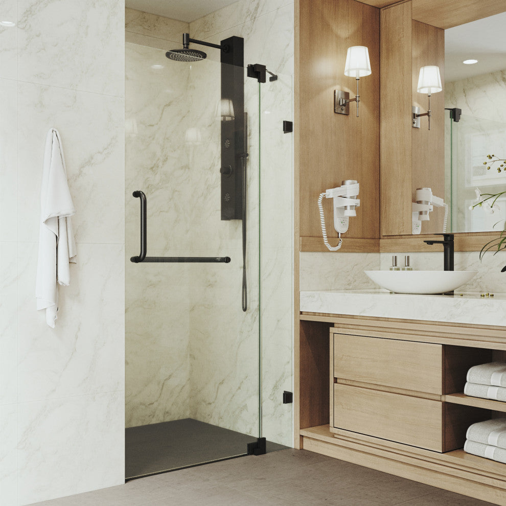 VIGO Pirouette 30" to 36" W x 72" H Frameless Pivot Shower Door, Matte Black, Clear Glass