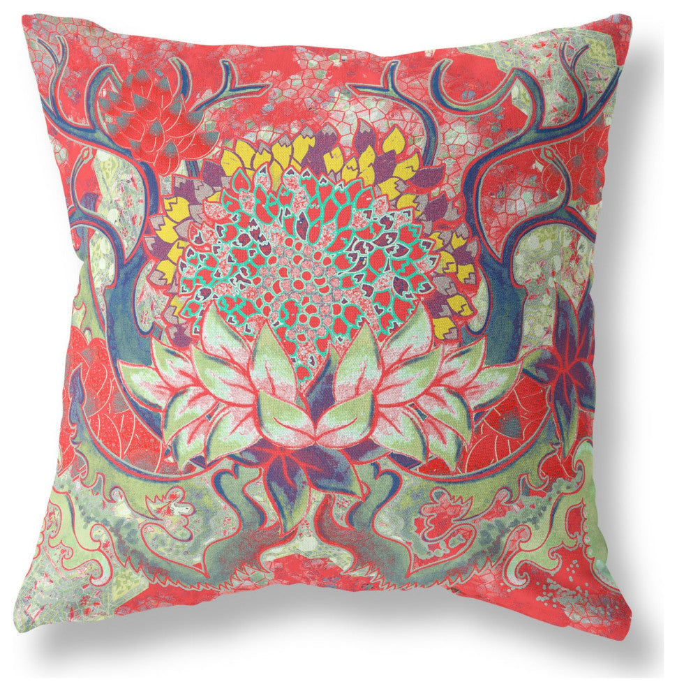 20" Red Green Flower Bloom Suede Throw Pillow