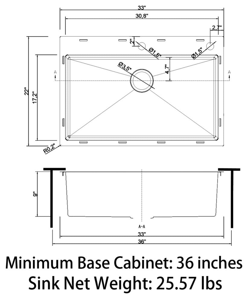 Sinber Single Bowl Kitchen Sink with 304 Stainless Steel Black Finish, 33"x22", Drop-in