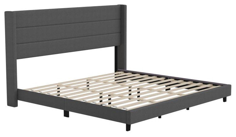 Hollis Upholstered Platform Bed with Wingback Headboard w/Mattress Foundation, Charcoal, King