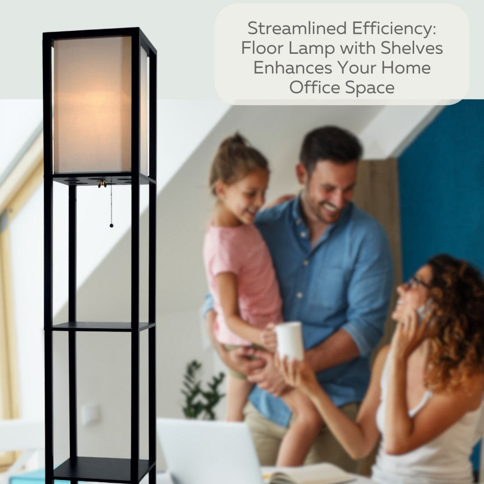 Floor Lamp with Shelves 63" Tall Wood with White Linen Shade