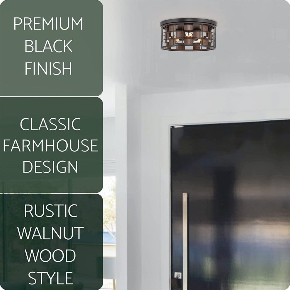 3 Light Vintage Home Flush Mount Fixture, Black Frame, Wood