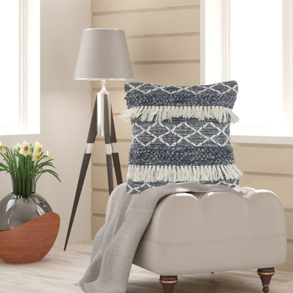 Navy and Ivory Textured with Fringe Throw Pillow