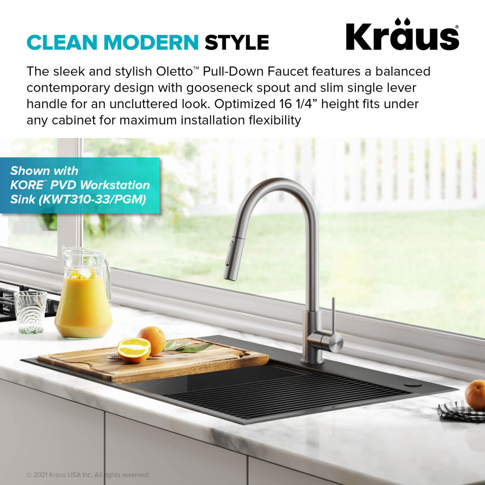 Oletto Pull-Down 1-Hole Kitchen Faucet, Spot Free Stainless Steel