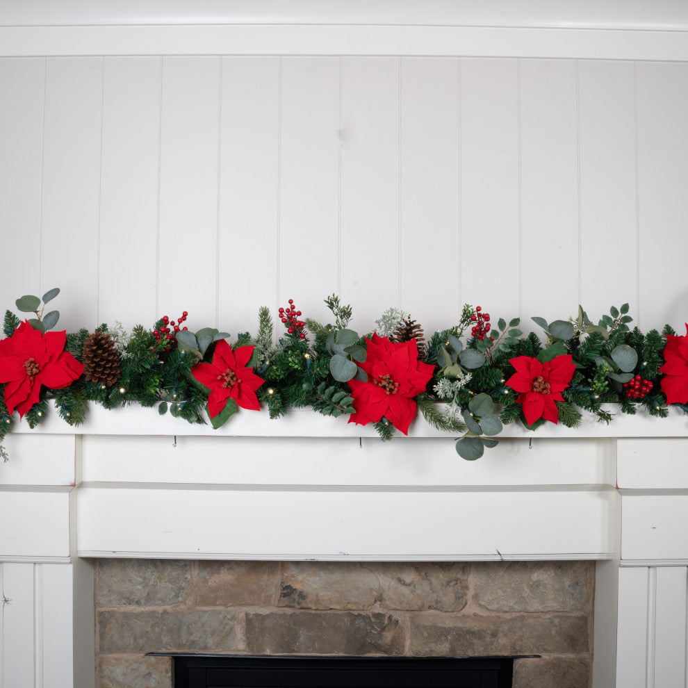 9' Artificial Christmas Garland with Lights, Christmas Poinsettia