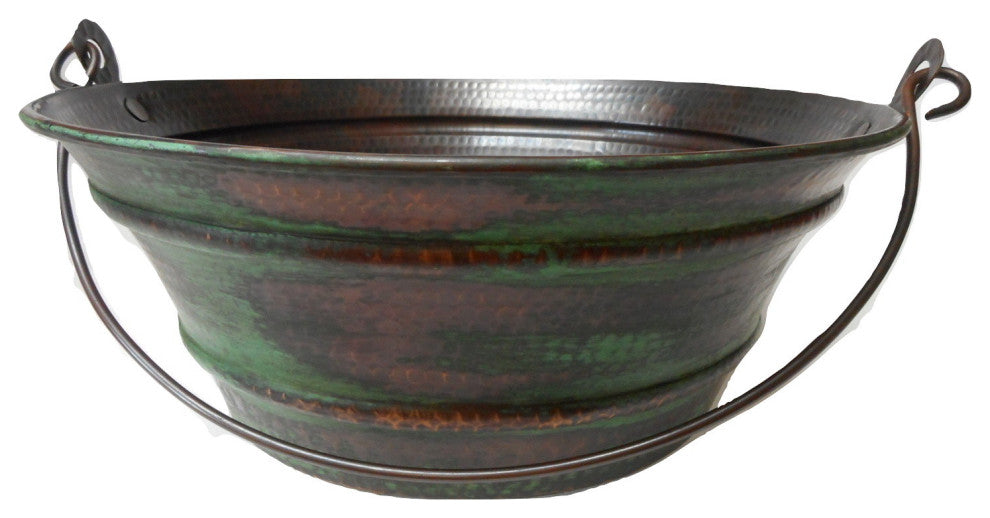 15" Round Copper Vessel Bucket Sink with Green Distressed Exterior, Daisy Drain