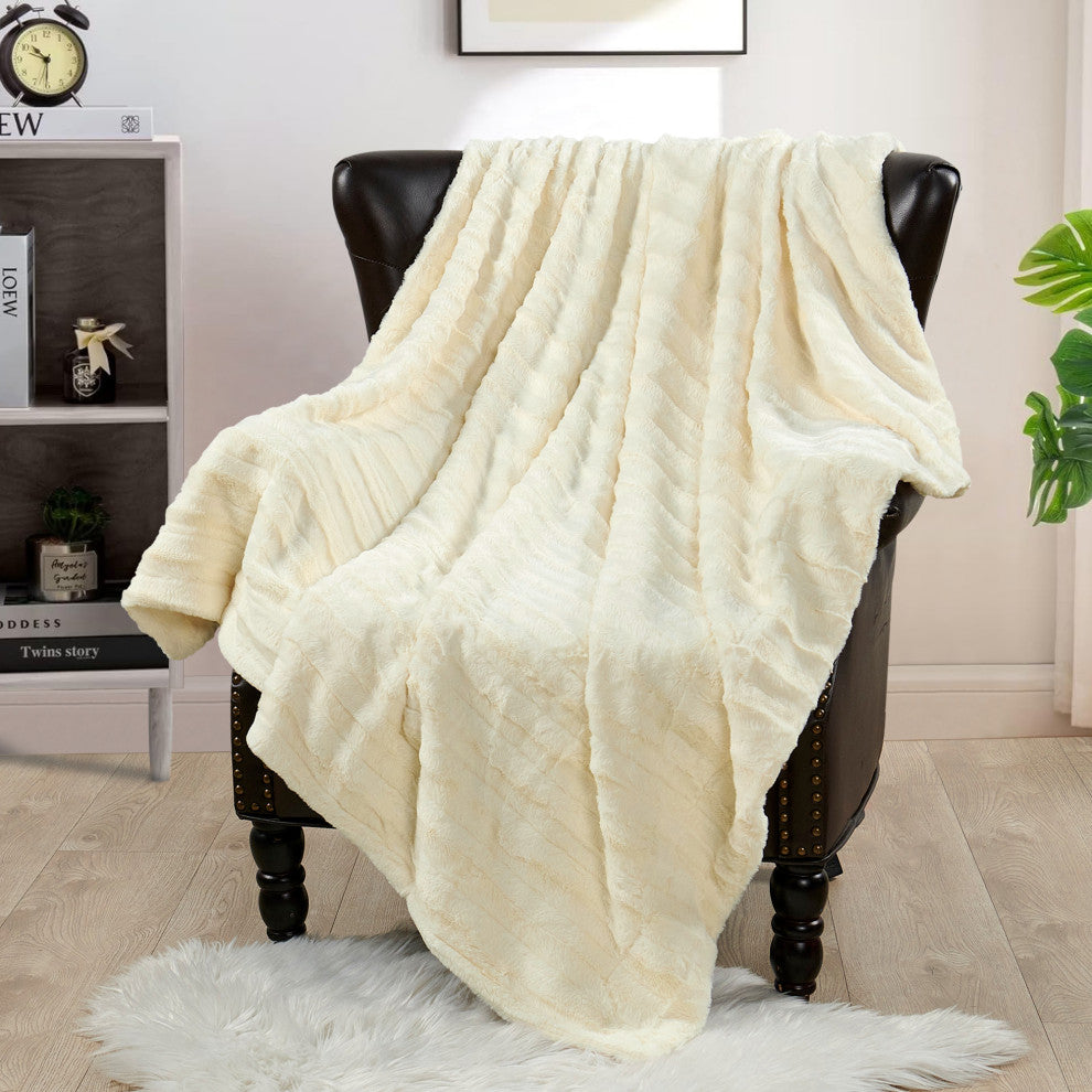 Derby Double Sided Faux Fur Throw Blanket, Ivory