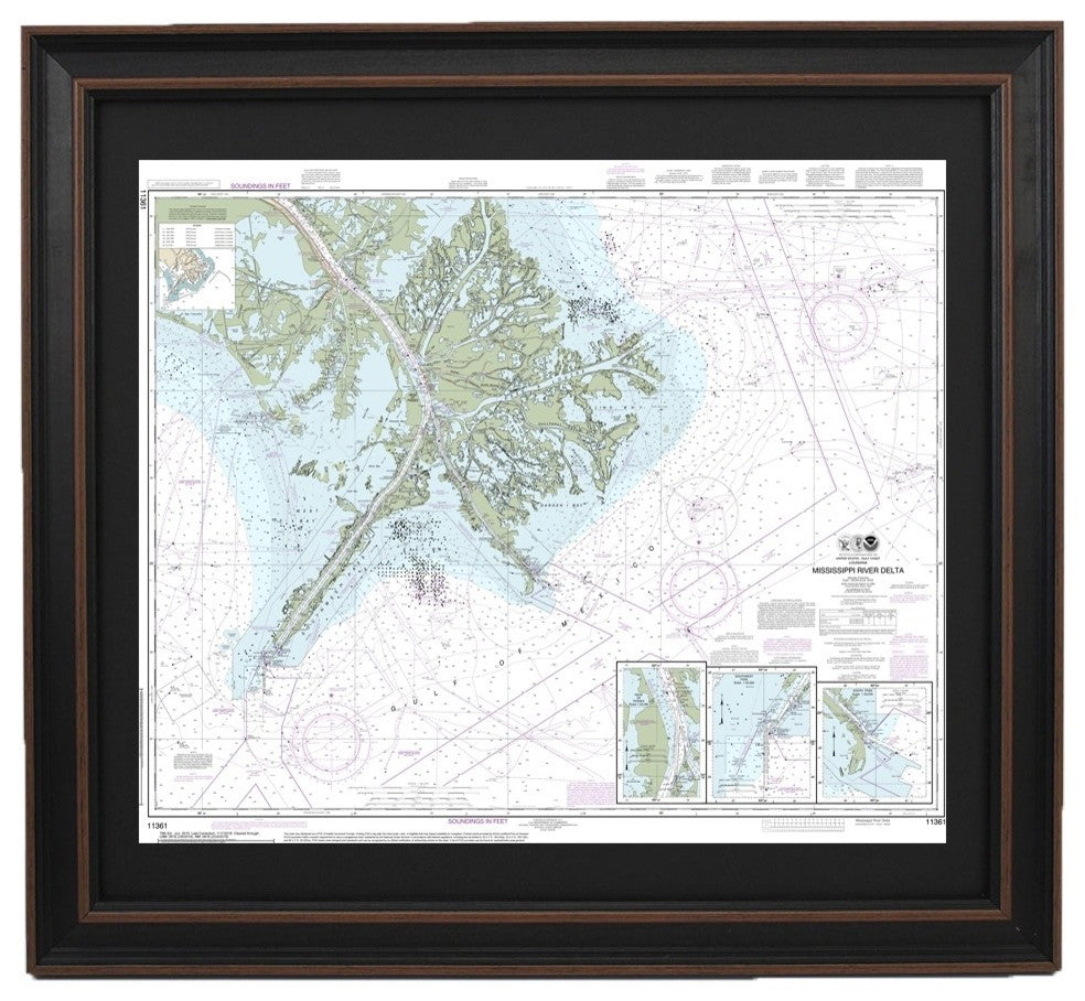 Nautical Chart, Mississippi River Delta, Poster Framed
