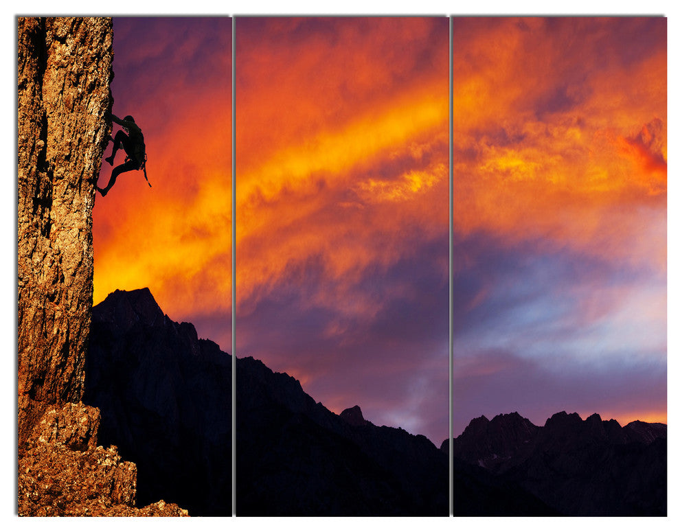 Climber on Sunset Background, Landscape Triptych Canvas Art, 36x28, 3 Panels