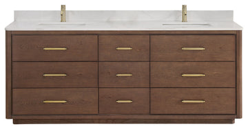 Porto Bath Vanity with White Quartz Stone Top, Dark Brown Oak, 84", No Mirror