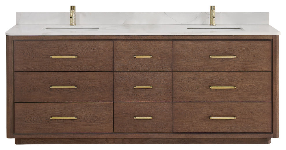 Porto Bath Vanity with White Quartz Stone Top, Dark Brown Oak, 84 in., No Mirror