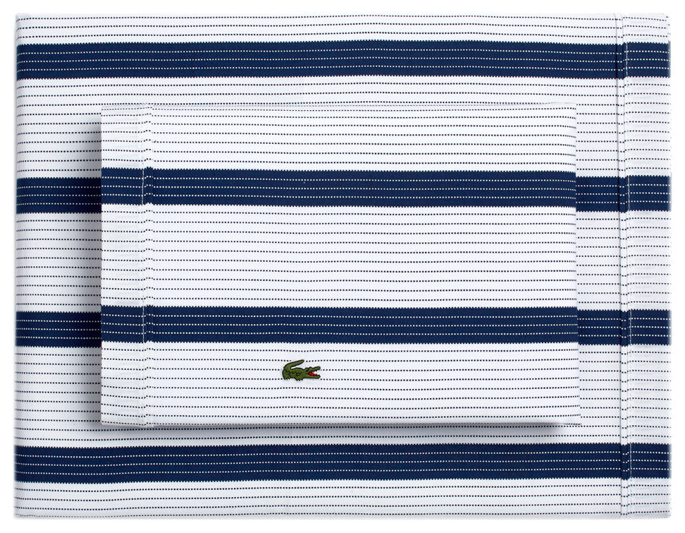 Lacoste Archive Striped 100% Cotton Sheet Set, Medieval Blue, Standard King