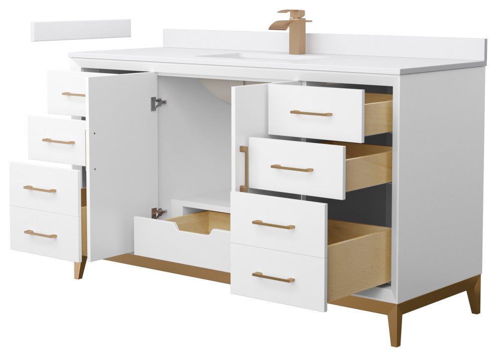 Amici 60" White Single Vanity, White Cultured Marble Top, Satin Bronze Trim