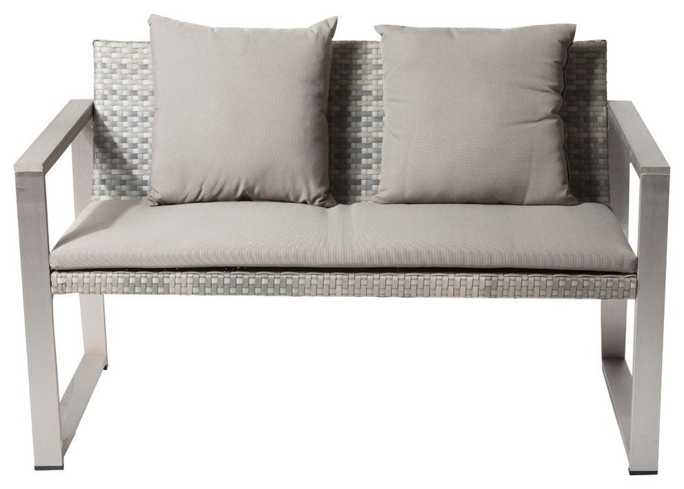 Benzara BM172110 Aluminum Upholstered Cushioned Sofa with Rattan, Gray & Taupe