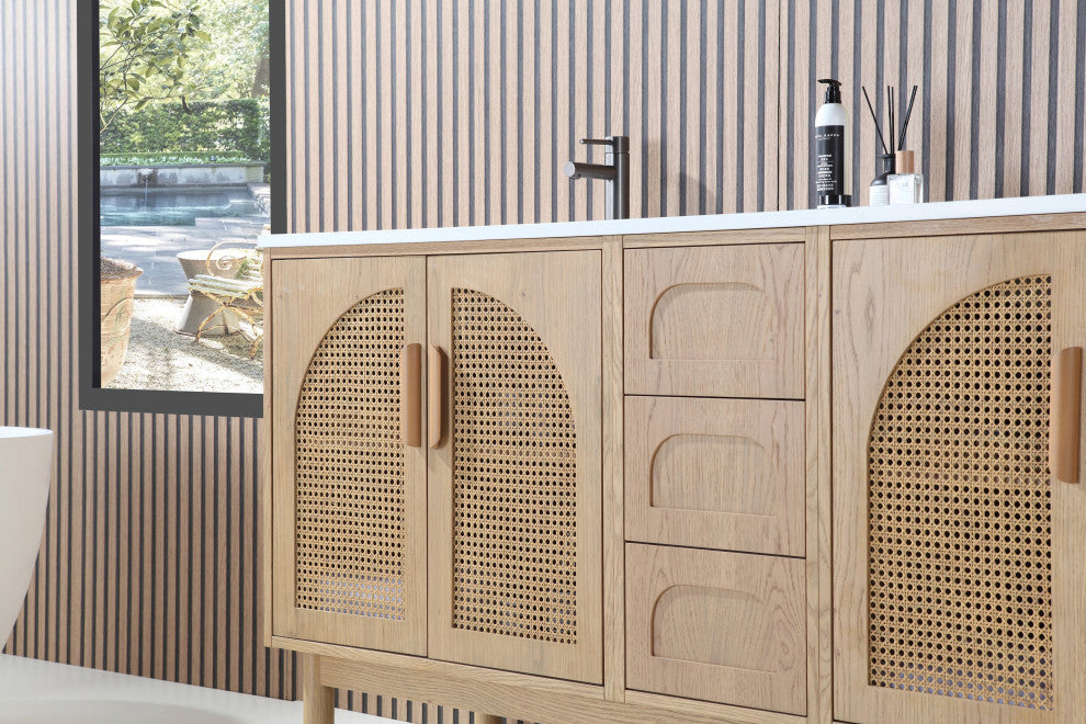 Nara Mid-Century Freestanding Bathroom Vanity, Pecan Oak, 72"