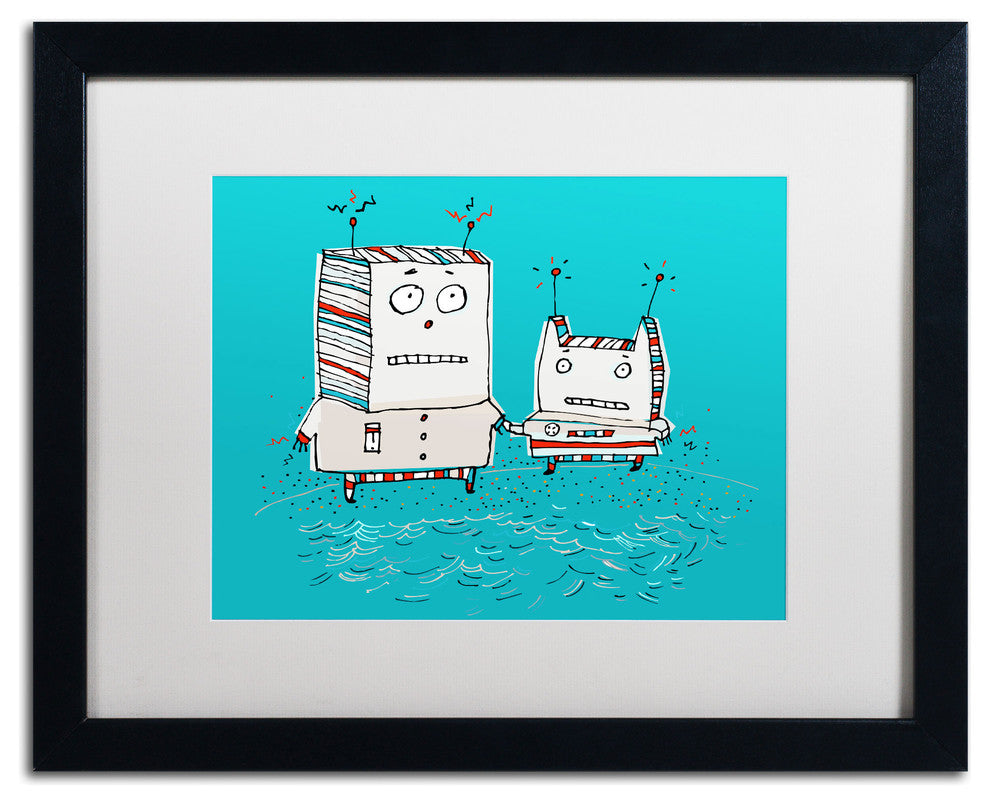 'Robots on Beach' Matted Framed Canvas Art by Carla Martell