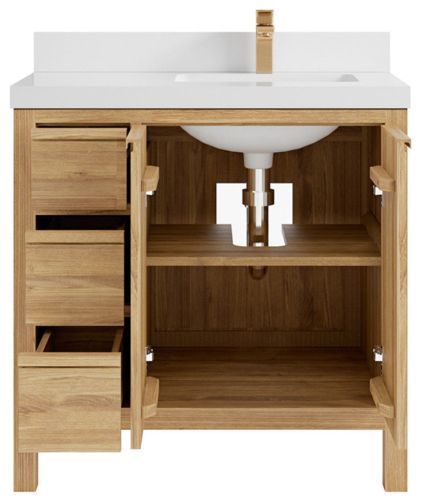Elizabeth 36 Right Offset Bath Vanity in Light Natural Teak 2" White Quartz