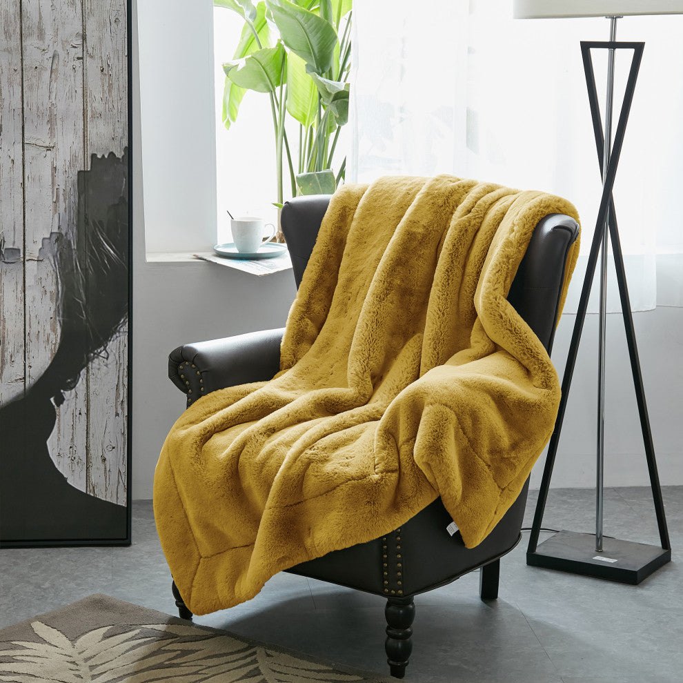 Heavy Faux Fur Throw, Lemon Curry, 50"x60"