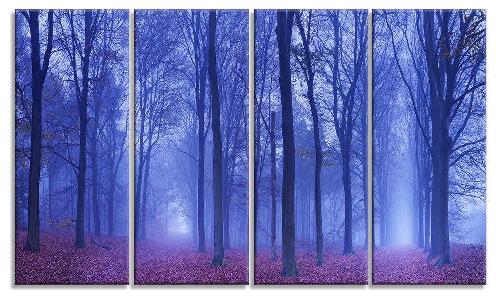 Two Paths in Foggy Blue Forest, Landscape Canvas Art Print, 48"x28", 4 Panels