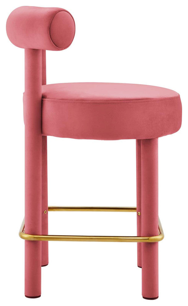 Toulouse Performance Velvet Counter Stool, Curved Round Bolster Kitchen Stool, Pink