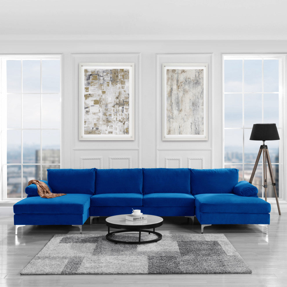 Large Velvet Fabric U-Shape Sectional Sofa, Royal Blue