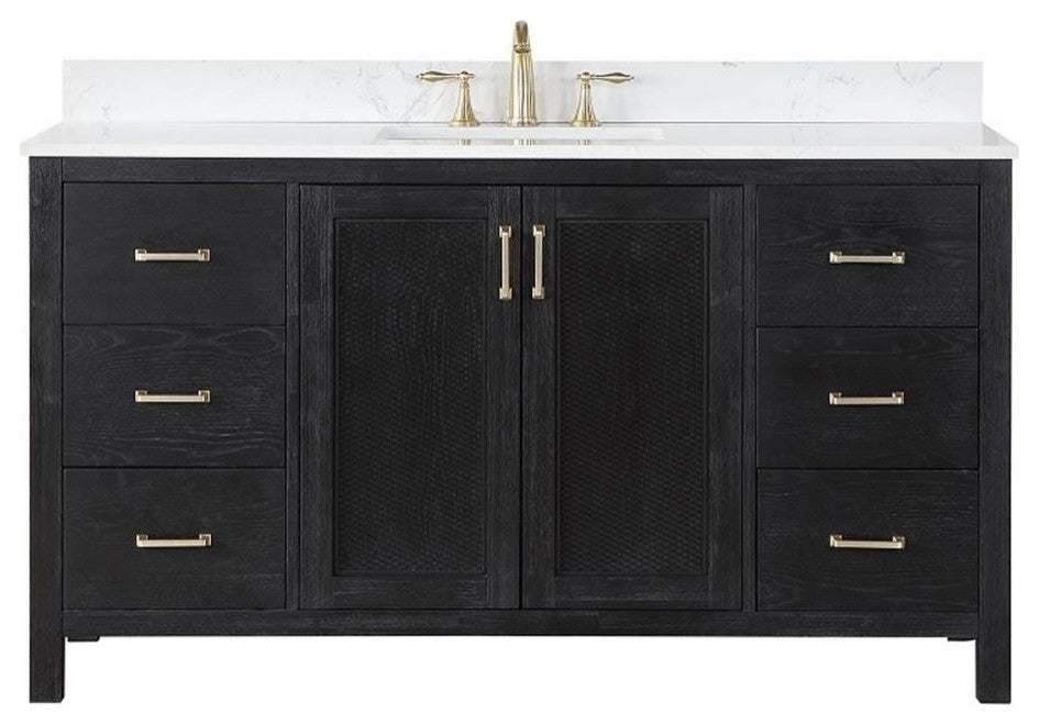 Hadiya 60" Single Bathroom Vanity Set in Black Oak Marble Top without Mirror