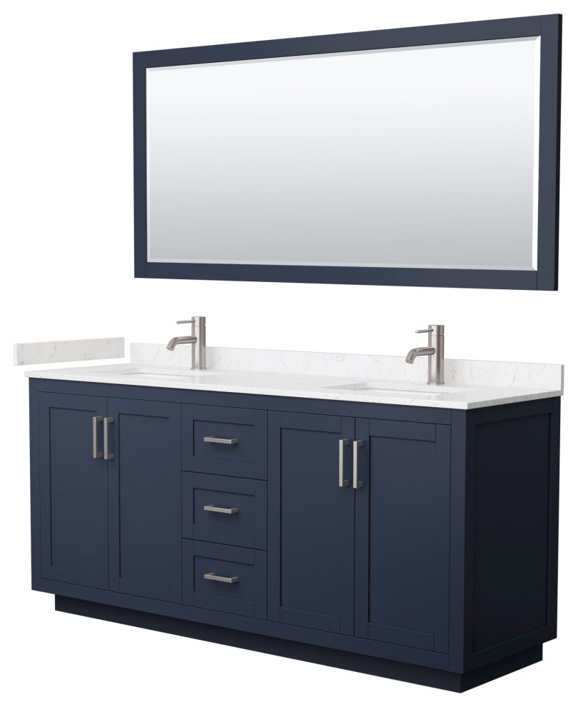 72"DBL Vanity Dark Blue, LV Carrara Cult. Top, Sinks, Nickel Trim, 70"Mirror