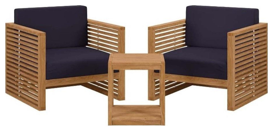 Modway Carlsbad 3-Piece Teak Wood Outdoor Patio Set in Natural/Navy