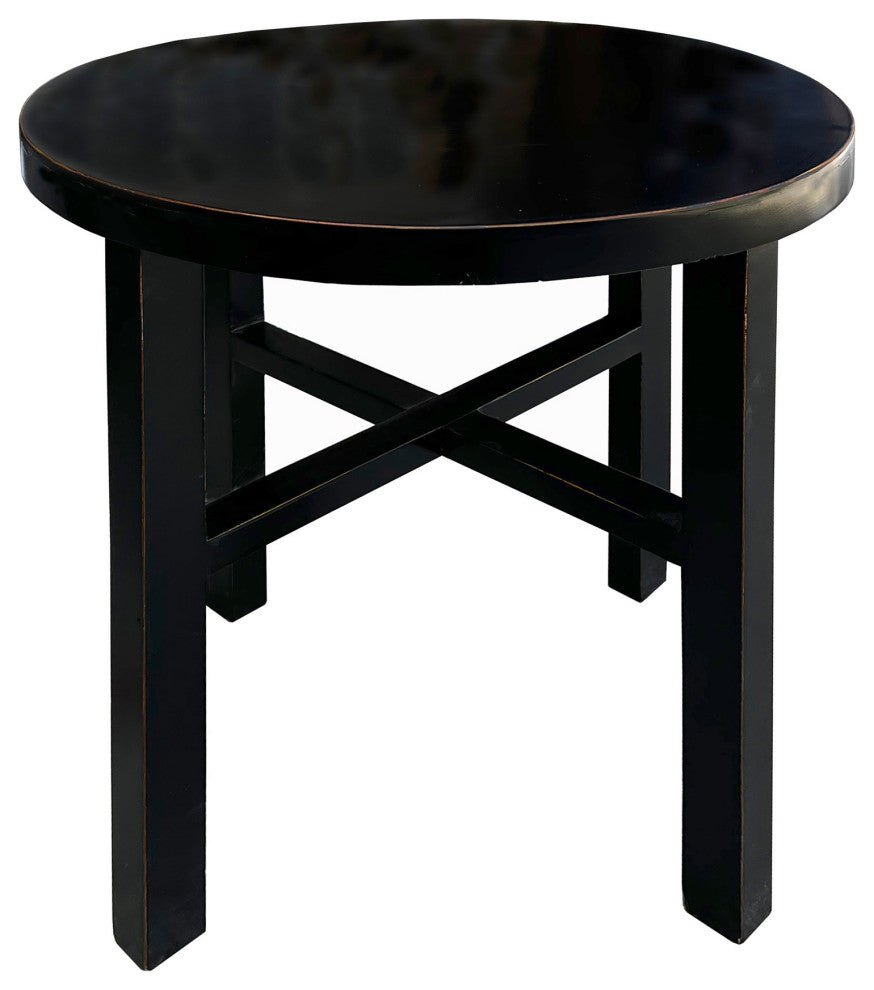 Asian Black Lacquer Round Top Cross 4 Legs Center Side Table Stand Hcs7624