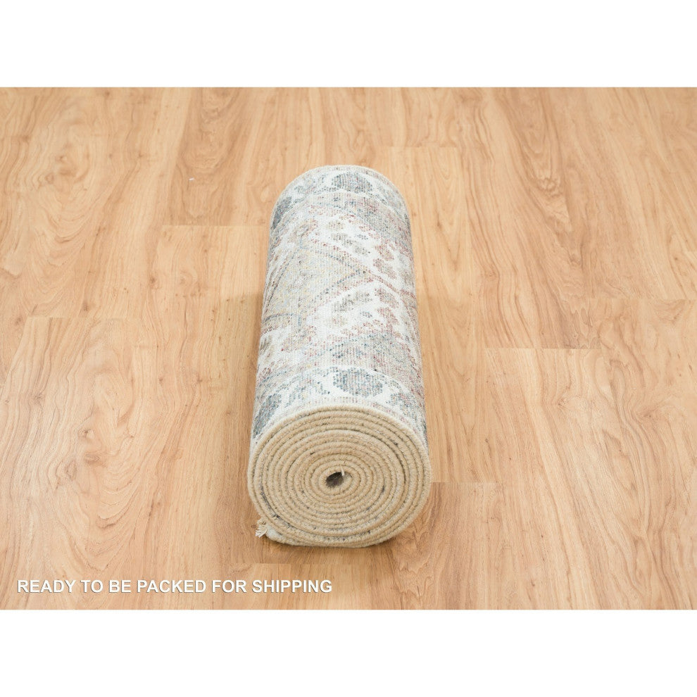 Ivory Wool Hand Knotted Flower Rosettes Border XL Runner Oriental Rug 2'7"x18'