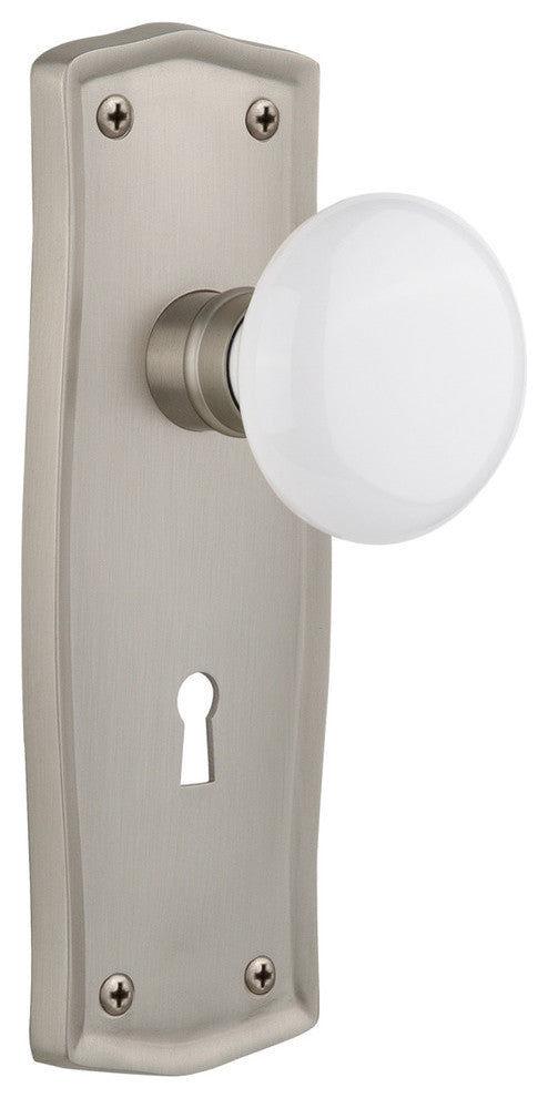 Prarie Plate With Keyhole Privacy Poreclain Door Knob, Satin Nickel