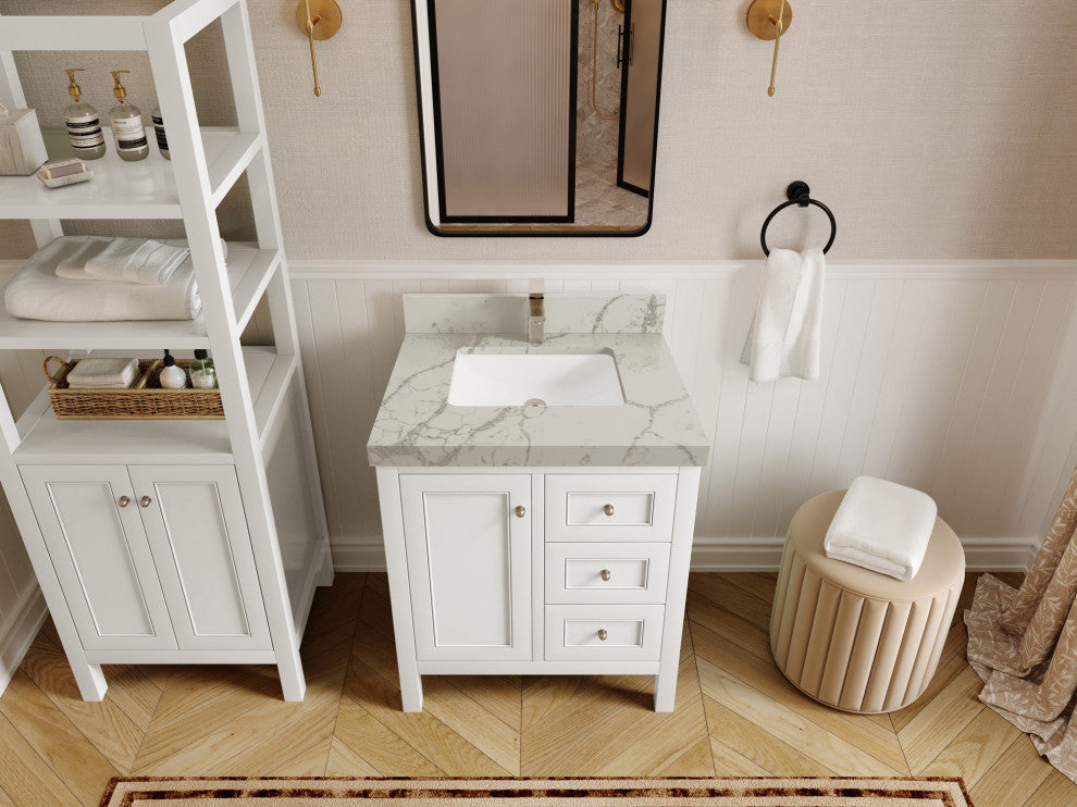 Nashville 30" Single Sink Bath Vanity, White 2" Venatino Quartz