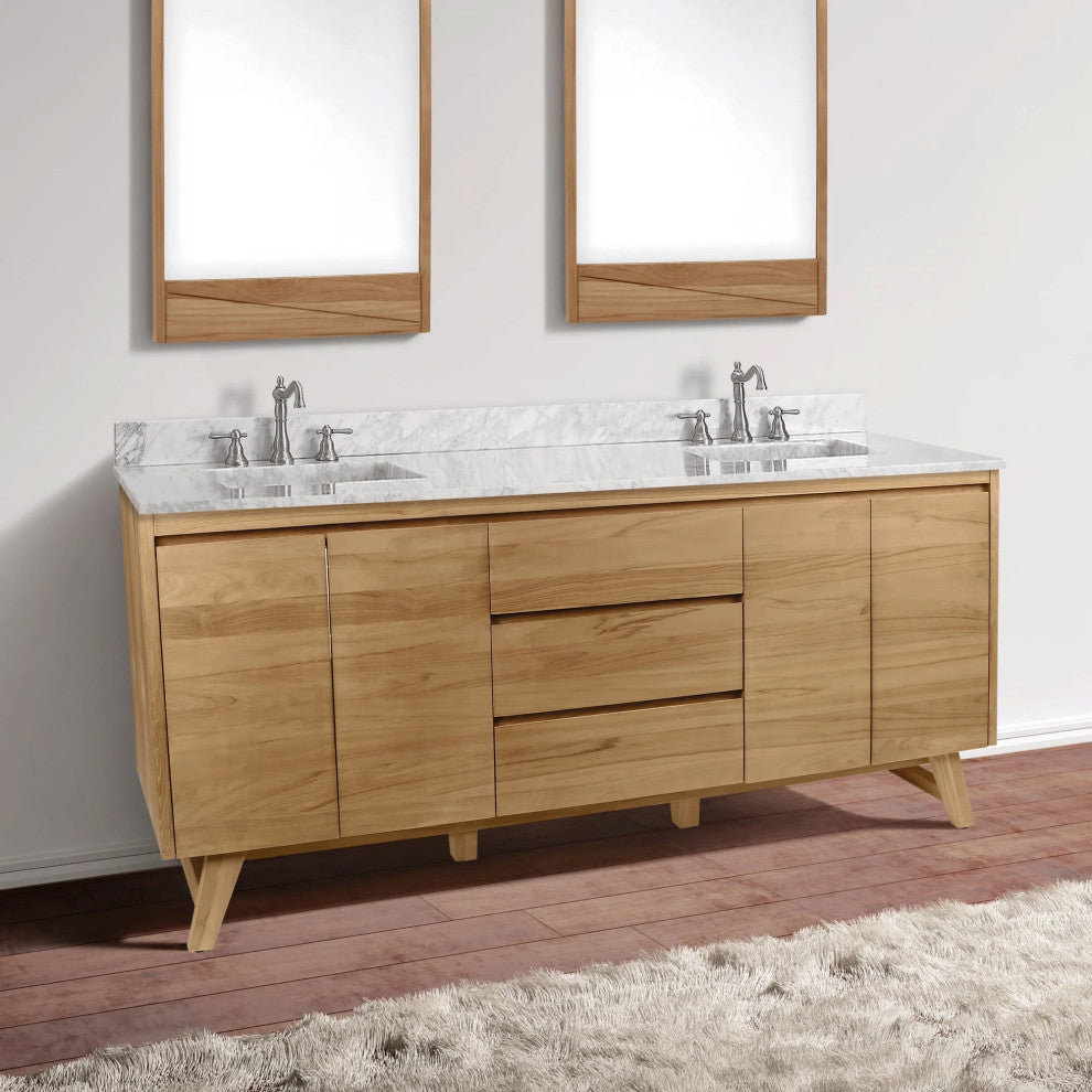Avanity Coventry 73" Bath Vanity Combo, Natural Teak Finish, Carrara White Marble Top