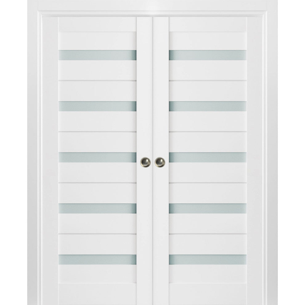 Sliding Interior Double Pocket Doors|Frosted Glass|Quadro 4445 White Silk 72x84