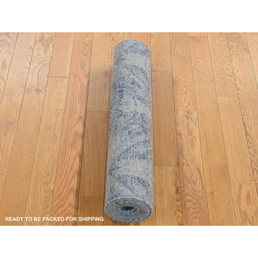 Blue Silk with Wool Erased Rosette Design Hand Knotted Runner Rug 2'6" x 6'