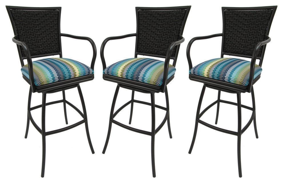 Set of 3, Outdoor/Indoor Swivel Bar Stools Erin, Aqua Sun Stripe on Brown, 26"
