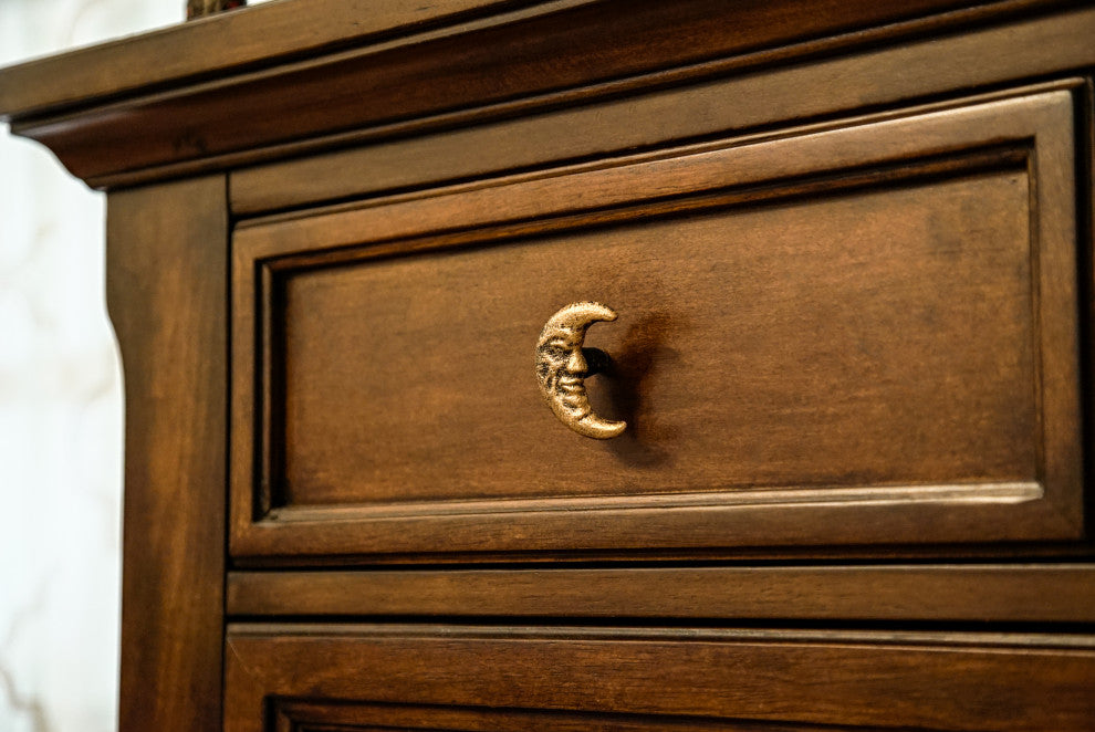 Set of 6 Gold Cast Iron Crescent Moon Face Drawer Pulls Decorative Cabinet Knob