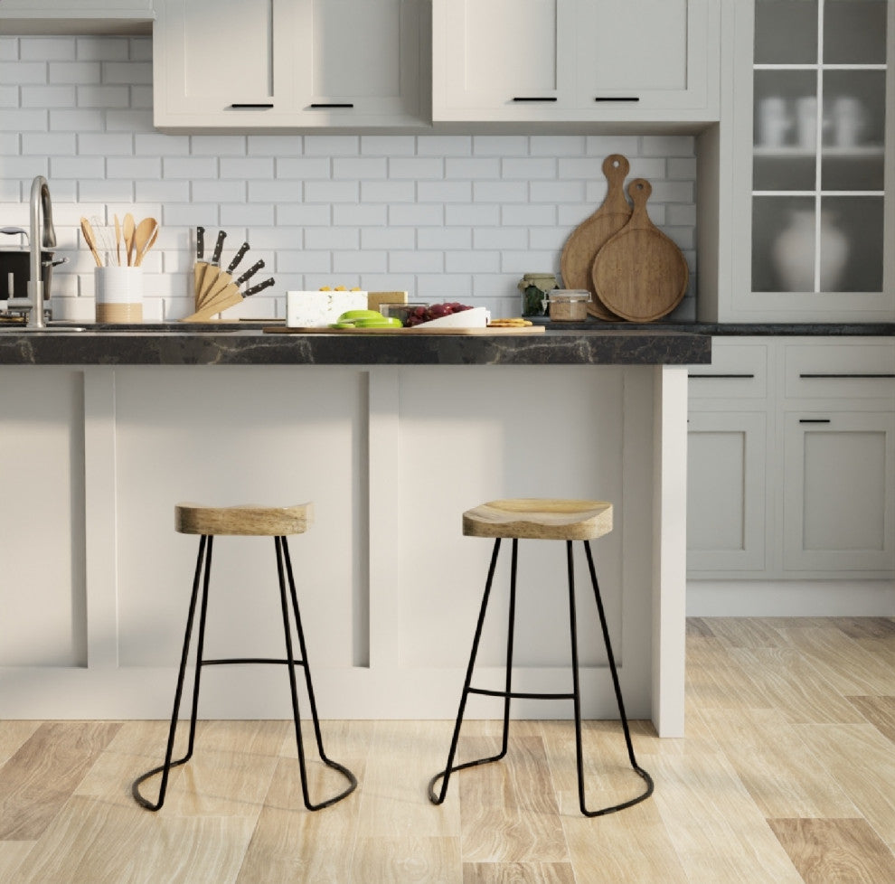 Stationary Solid Mango Wood Seat Tractor Stool, Natural/Black