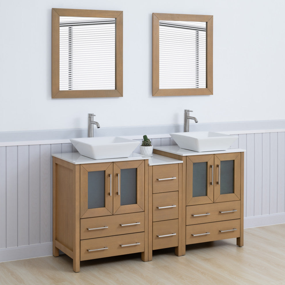 Vanity Art Bathroom Vanity Set With Sink, Natural Oak, 60", Standard Mirror