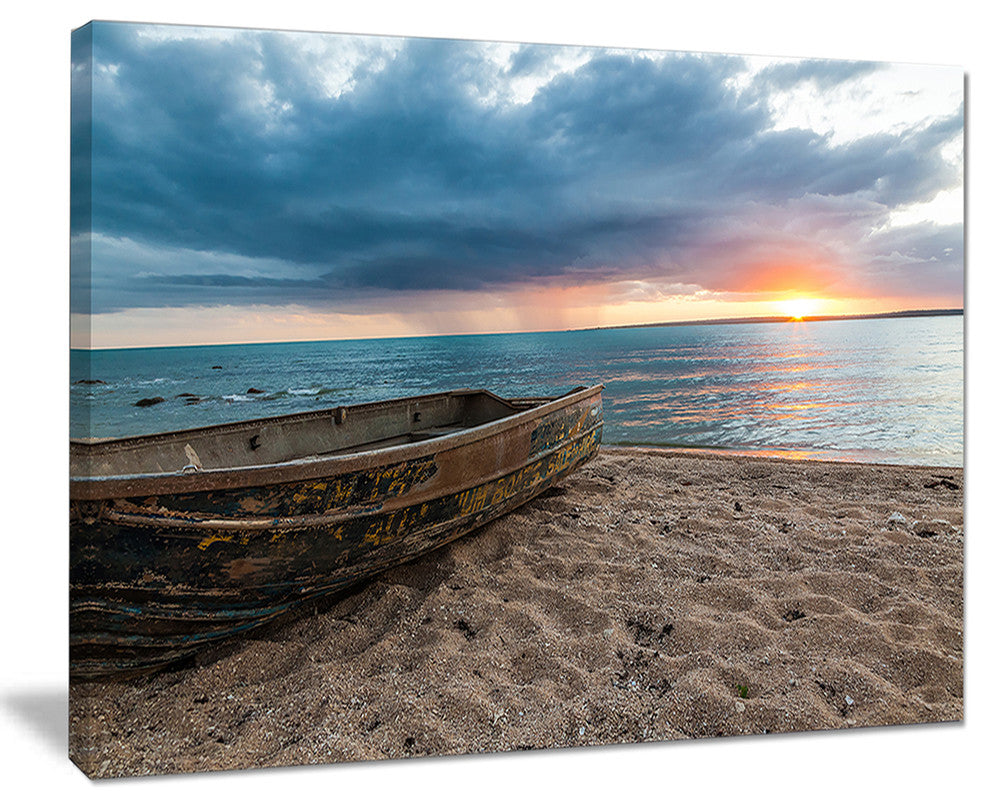 "Rusty Row Boat On Sand At Sunset" Seascape Art Canvas, 20"x12"