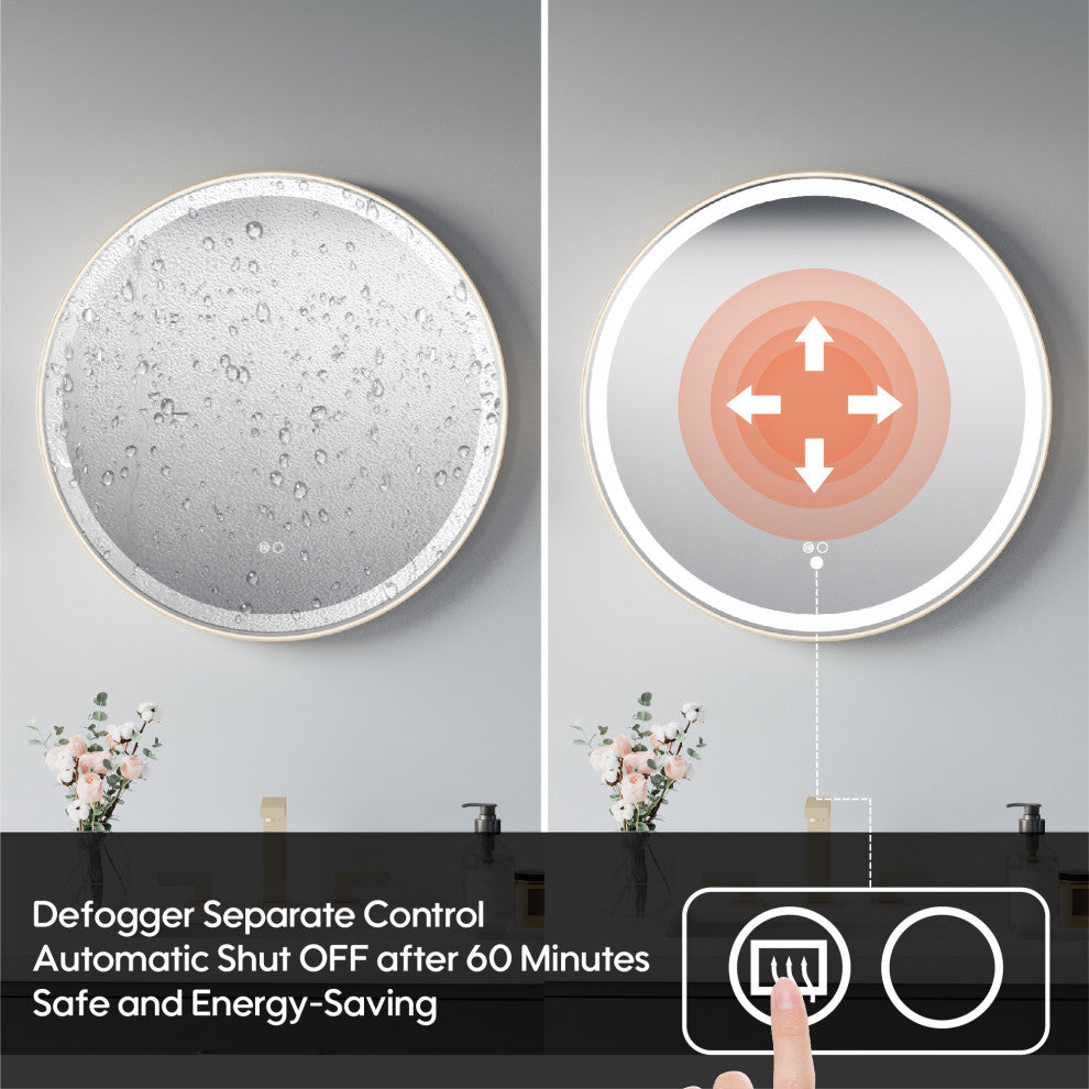 Round LED Bathroom Vanity Mirror, Defogger and Dimmer, ETL-listed, 28"x28", Brushed Gold