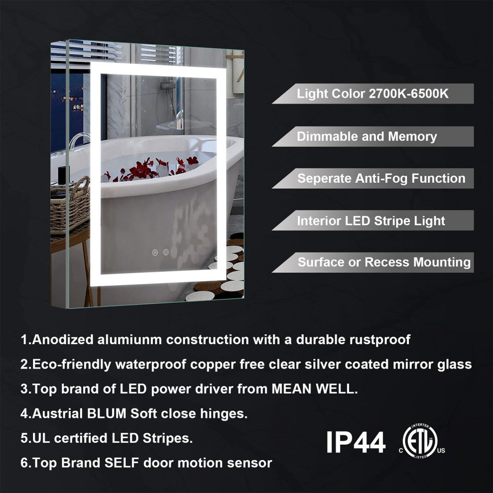 Recessed/Surface Mount LED Medicine Cabinet Mirror with Defogger, 24"x30" Left Hinge