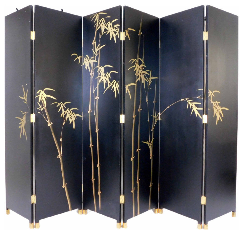 Oriental Folding Wooden Screen Chinese Landscape Painting, 6 Panels