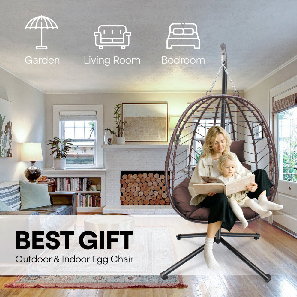 Hanging Egg Chairwith Stand Outdoor Indoor Use Adjustable Height 350lbs Capacity, Brown