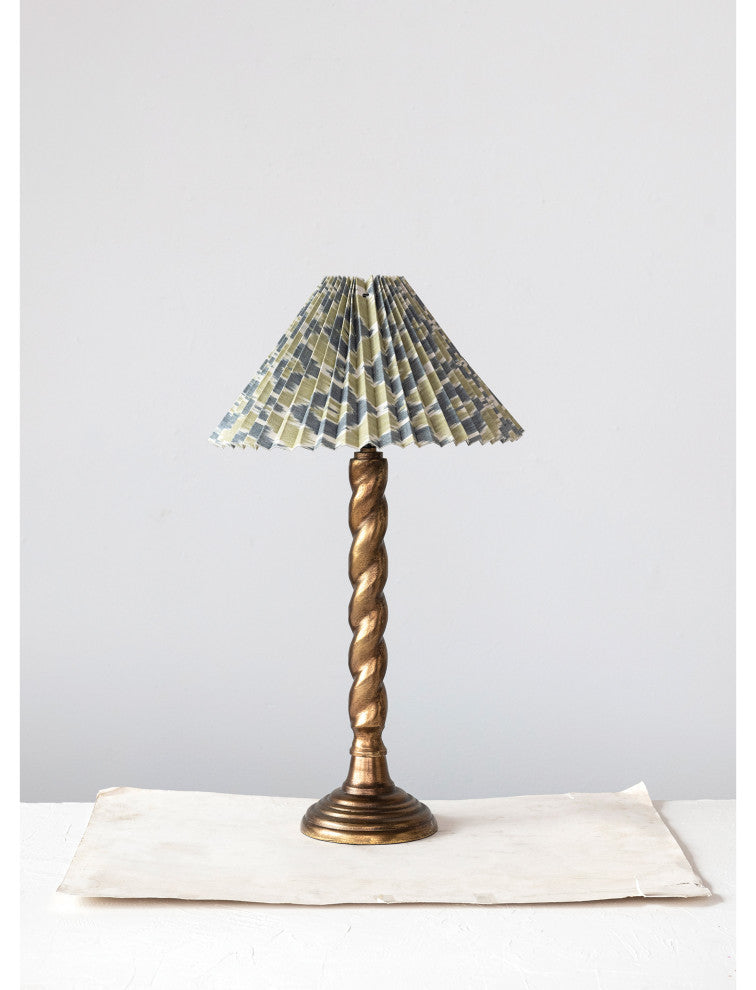 13.5 Round Metal Candlestick Table Lamp, Pleated Cotton Ikat Shade, Multicolor