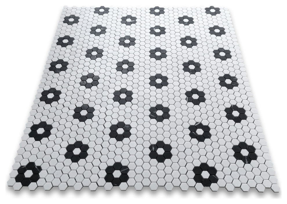 Thassos White Marble Hexagon Rosette Mosaic Tile Nero Marquina Black, 1 sheet